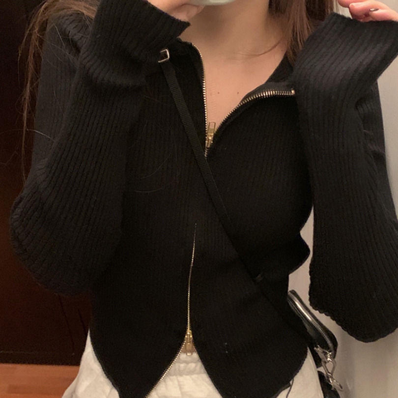 Áo khoác cardigan dệt kim tay dài có khóa kéo ngắn hai đầu hở rốn màu trơn thời trang nữ