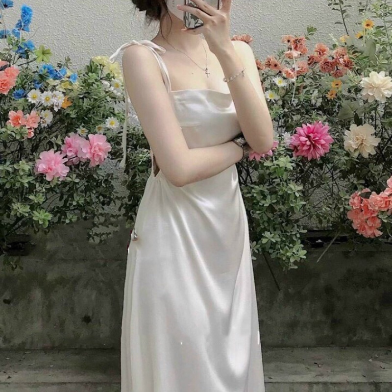 Đầm đi tiệc váy nữ 2 dây buộc vai khoét eo dáng dài chất lụa mềm mại sang trọng phù hợp đi chơi du lịch dạo phố HN0077