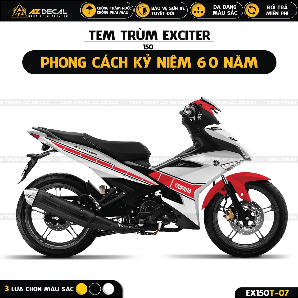 Tem Trùm Xe Exciter 150 Bản Kỷ Niệm 60 Năm Yamaha | EX150T-07 | Decal Cao Cấp Màu Đen, Vàng, Trắng Cho Ex 150