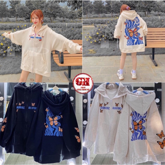 50K - Áo Khoác Nỉ Bướm 2 Màu Đen Trắng Thu Đông Dáng Rộng Unisex Ulzzang | BigBuy360 - bigbuy360.vn