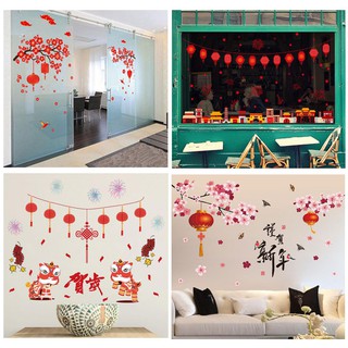 Decal dán tường decal trang trí tết Decal hoa đào,Hoa mai lồng đèn,con lân