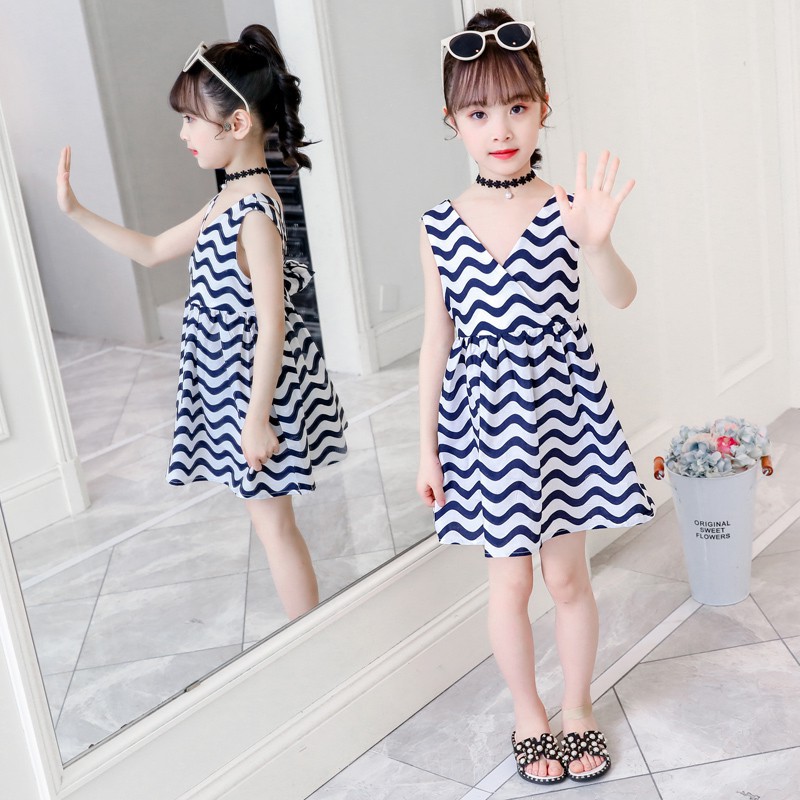 Đầm dài không tay họa tiết gợn sóng xinh xắn cho bé gái