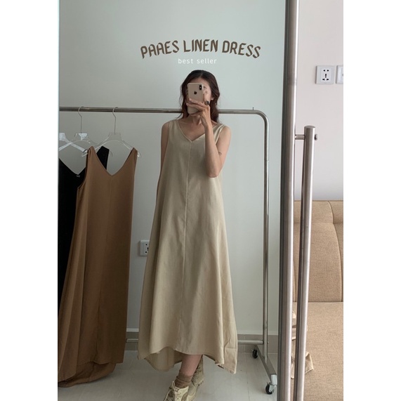 Váy PAAES linen dáng chữ A màu be (ảnh thật)