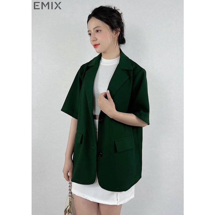 Áo vest cộc tay EMIX (3 màu), blazer, dáng dài, khoác, 2 cúc, form rộng, đi học, đi làm, chất vải trượt Hàn 6087