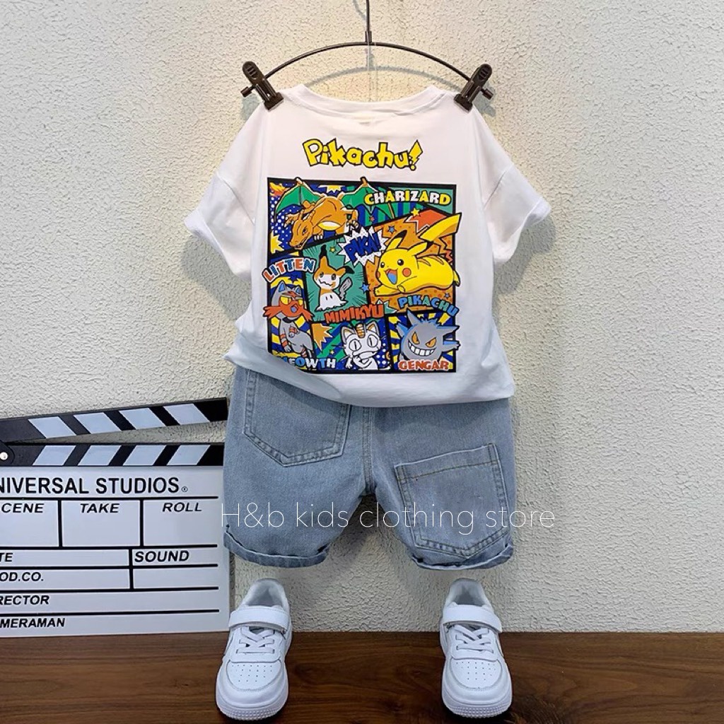 Set bộ áo cotton quần sooc Jean mềm bé trai mặc Tết, đi chơi in Pikachu siêu cute 1-5T (9 -20kg) BTE13