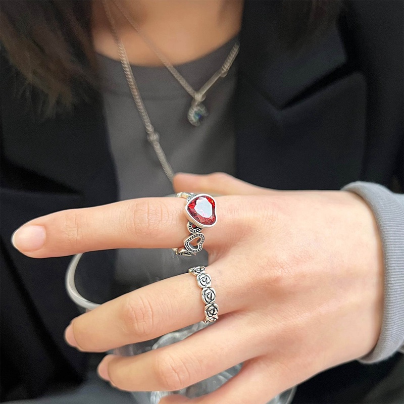 Nhẫn Bạc Thái Khắc Hình Hoa Hồng/Chim Bồ Câu Đính Đá Zircon Màu Đỏ Phong Cách Retro