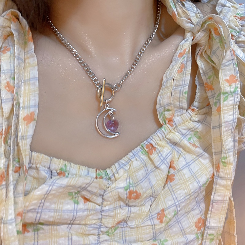 Vòng cổ Mặt Trăng Và Trái Tim Đính Đá zircon Dễ Thương Cho Nữ