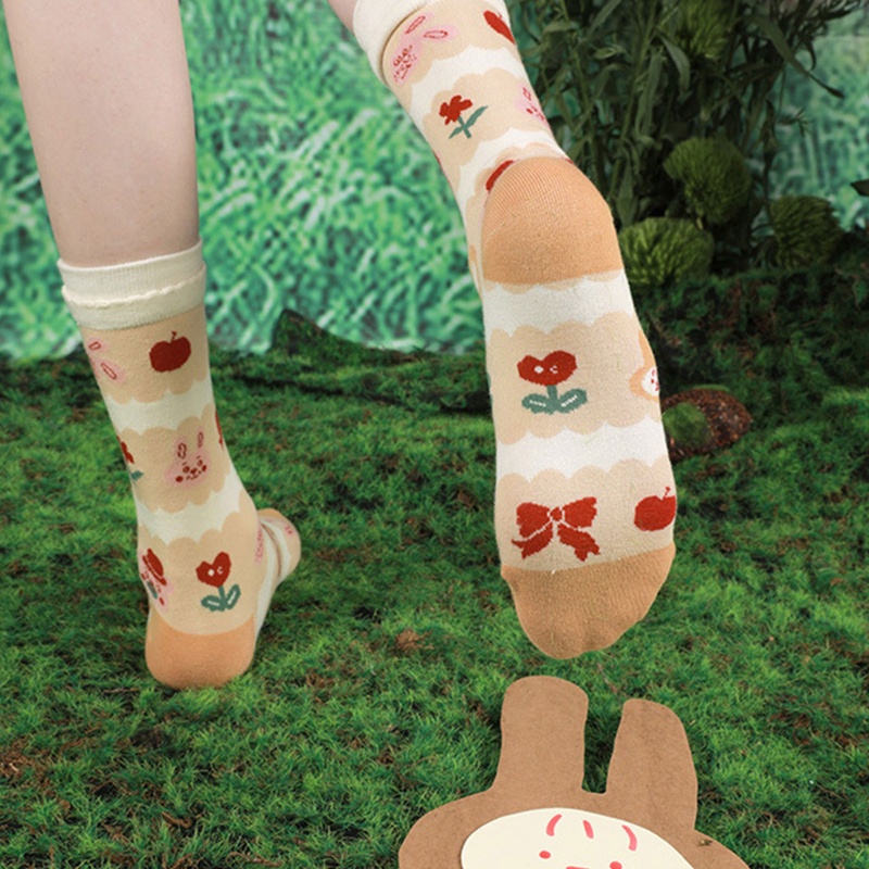 Xiangbao Vớ Cotton Jacquard Họa Tiết Thỏ / Dâu Tây / Gấu Hoạt Hình Dễ Thương Cho Nữ