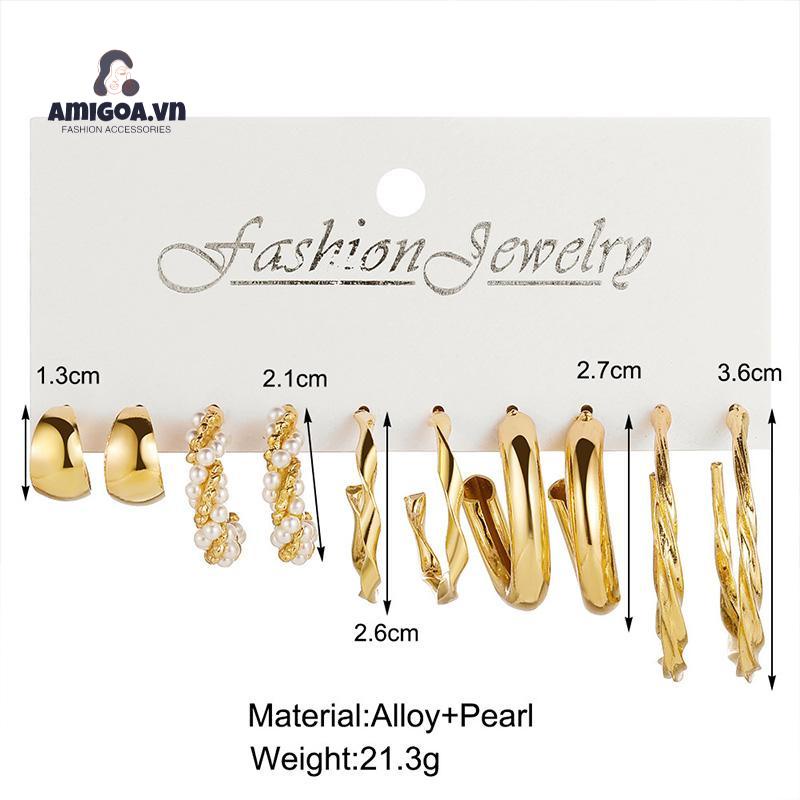Bộ 5 Đôi Khuyên Tai Kim Loại Đính Ngọc Trai Đơn Giản