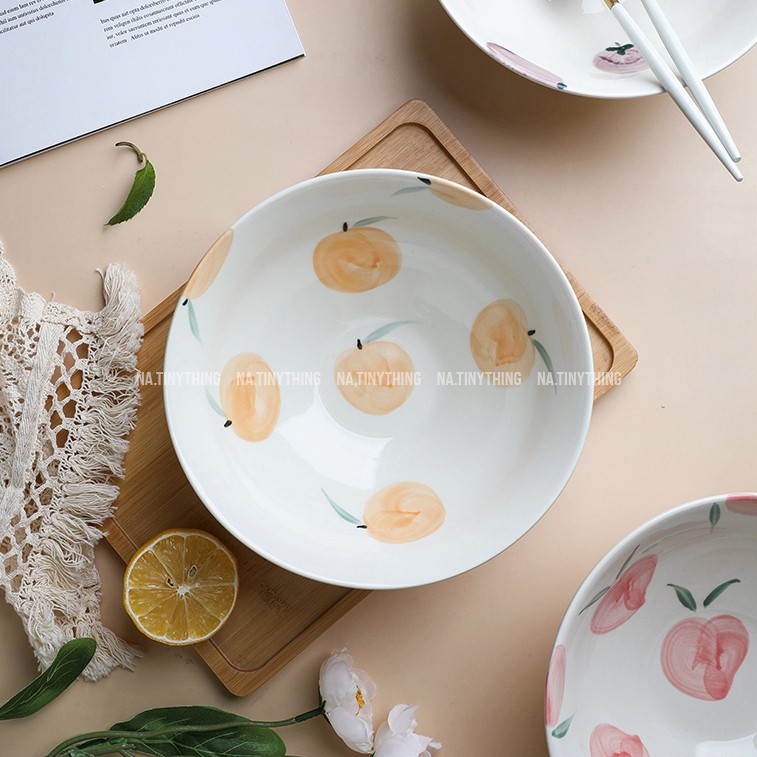 Tô gốm sứ cao cấp, bát ăn mì hoạ tiết trái cây vẽ tay thủ công phong cách Nhật Bản Vintage NA0053