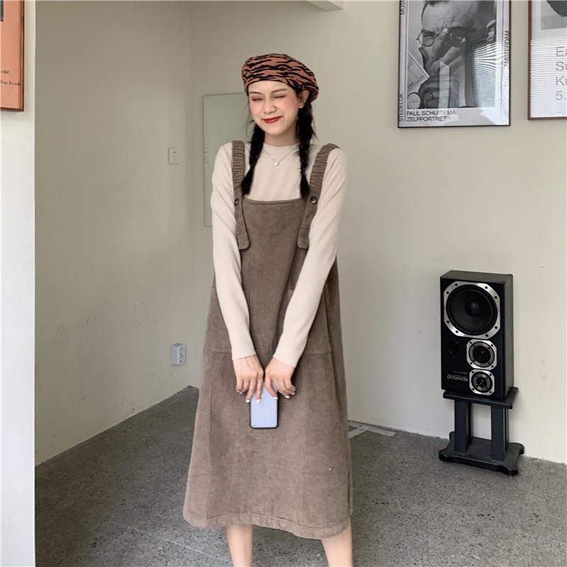 Set Áo Thun Ôm Dáng + Đầm Yếm Nhung Kiểu Hàn Quốc Xinh Xắn