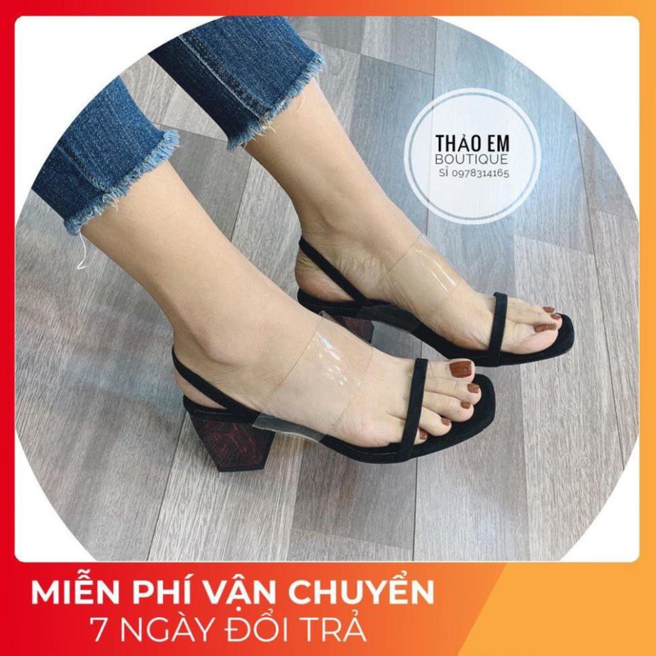 Dép Sandal Quai trong gót tím đế vuông 5cm