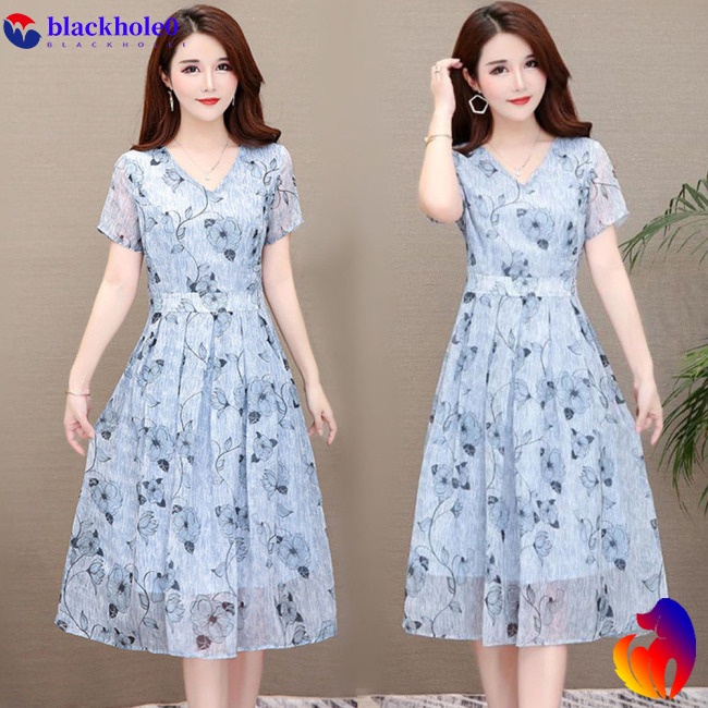 BH Summer Slim V-neck Floral Dress Elegant Short Sleeves Middle Long Printing Causal Dress