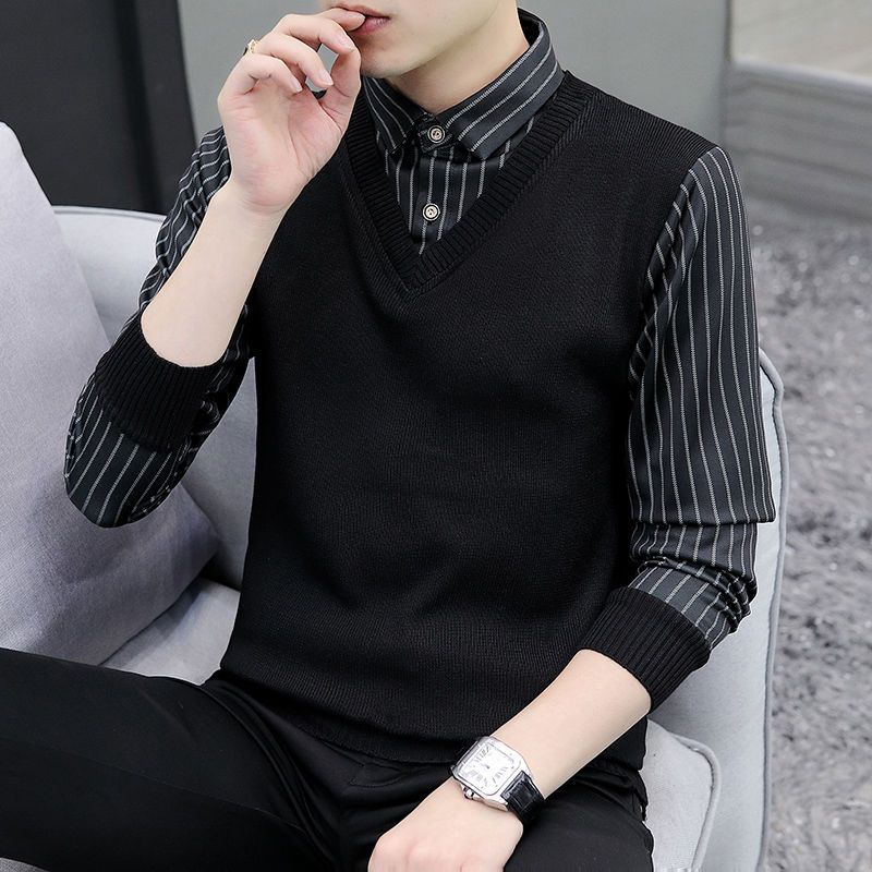 # Áo Khoác Nam# Cổ Áo Sơ Mi Giả Hai Lớp Thời Trang Thu Đông Cho Nam# Áo Sweater Dệt Kim Phong Cách Thời Trang Hàn Quốc