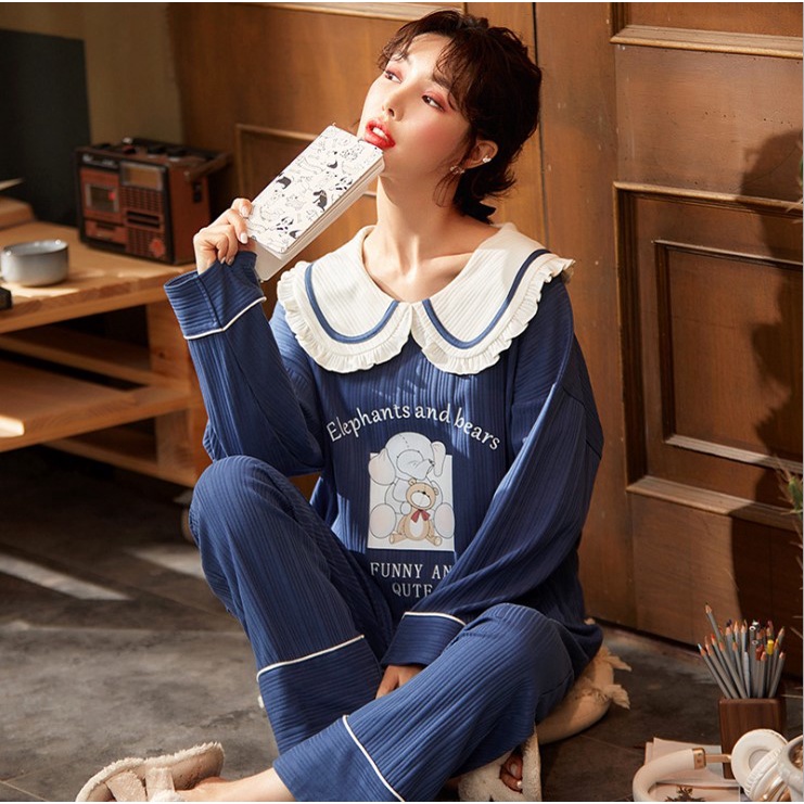 Bộ ngủ bộ pijama thu đông dài tay La.ella họa tiết dễ thương phong cách Hàn Quốc