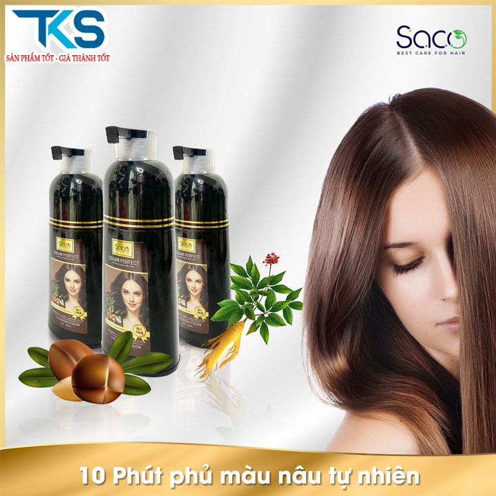 Đầu gội nhuộm tóc màu Nâu dùng cho người già phủ tóc bạc, dầu gội SACO dược liệu tự nhiên dung tích 500ml