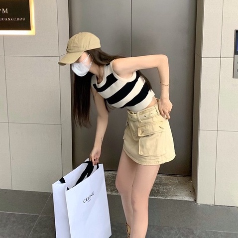 Áo len nữ dáng croptop 3 lỗ kẻ sọc chất đẹp co giãn hàng đẹp PANOSI - A642