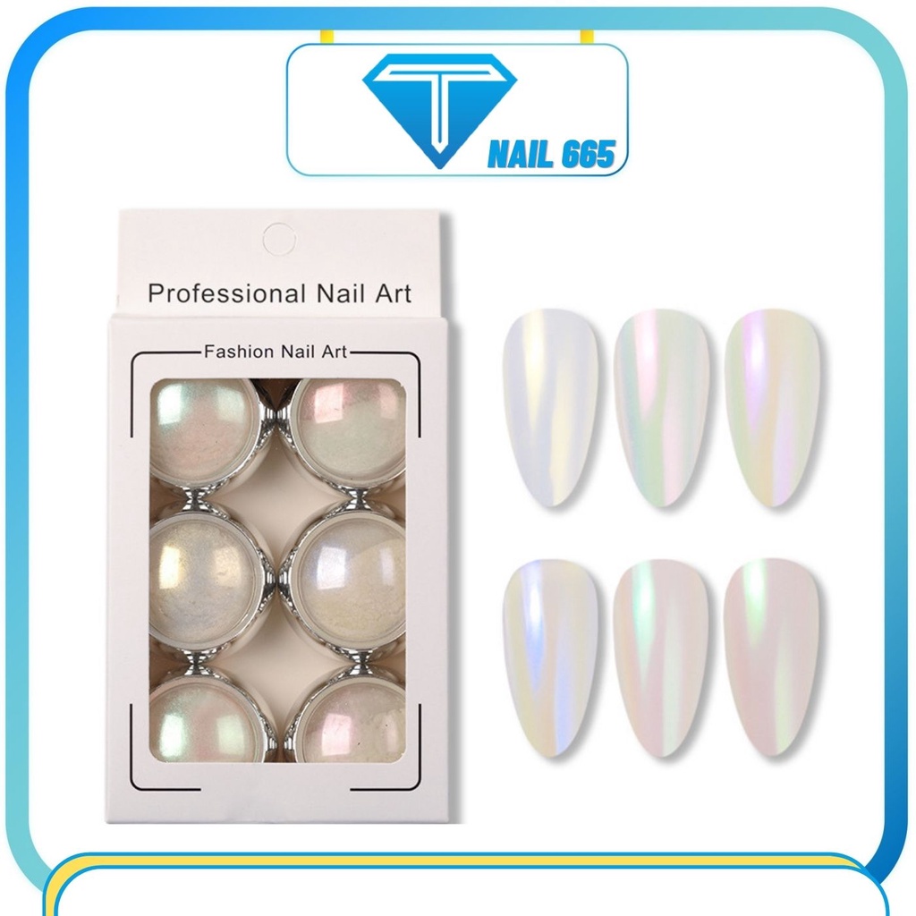 Sét tráng gương ánh ngọc trai trang trí móng , Bột nhũ tráng gương set 6 hũ