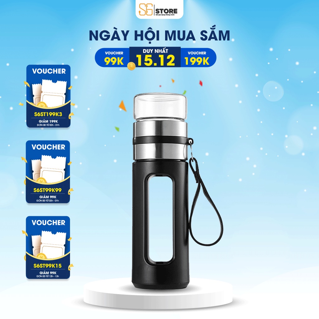 Bình pha trà thuỷ tinh 2 lớp S6 có khắc tên lõi inox 304 kèm ly uống trà tiện lợi bình đựng nước an toàn tiện lợi