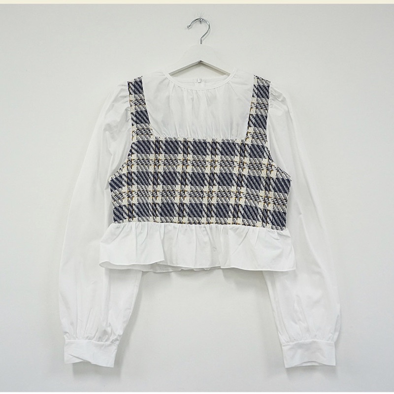 Áo sơ mi phối dạ kẻ xanh Áo ngắn xoè | BigBuy360 - bigbuy360.vn