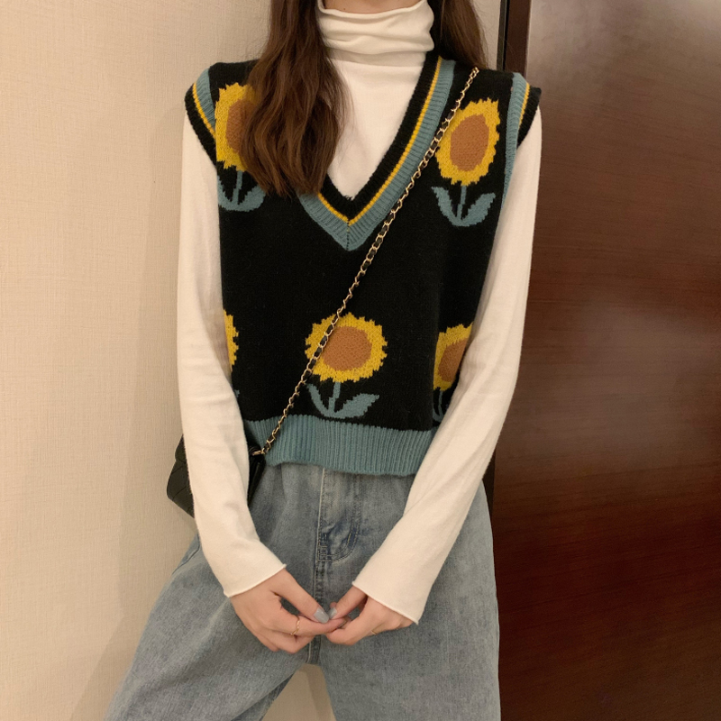 Áo Khoác Len Nữ Cộc Tay Cổ Chữ V Thêu Hoa Hướng Dương | BigBuy360 - bigbuy360.vn