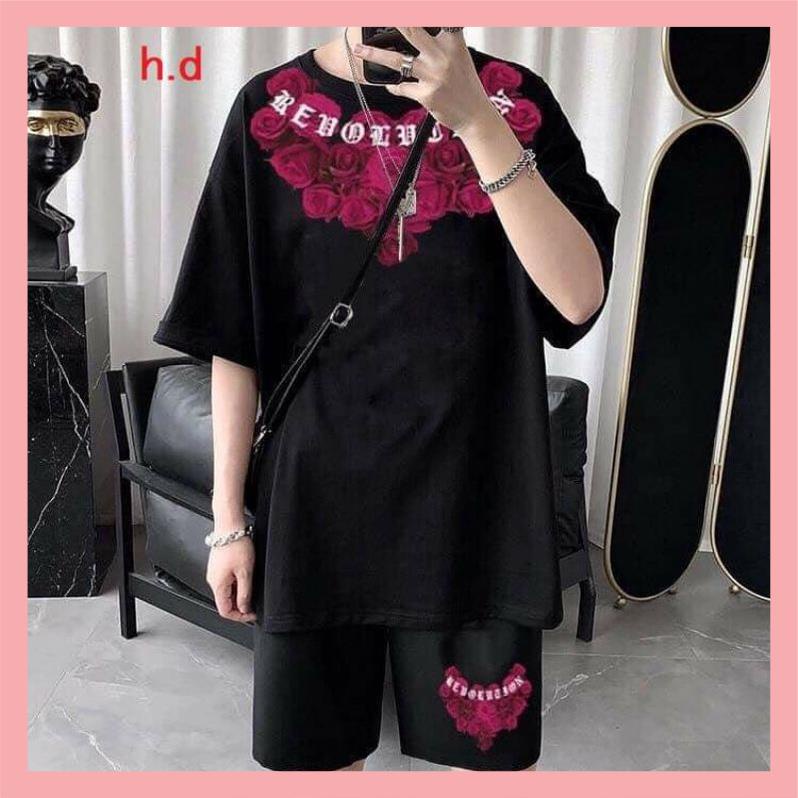 Set Bộ Quần Áo Hoa hồng Vòng Cổ ♥️Bộ hè hoạt hình ngắn tay mùa hè phong cách Hàn Quốc; áo thun quần Short Unisex nam nữ