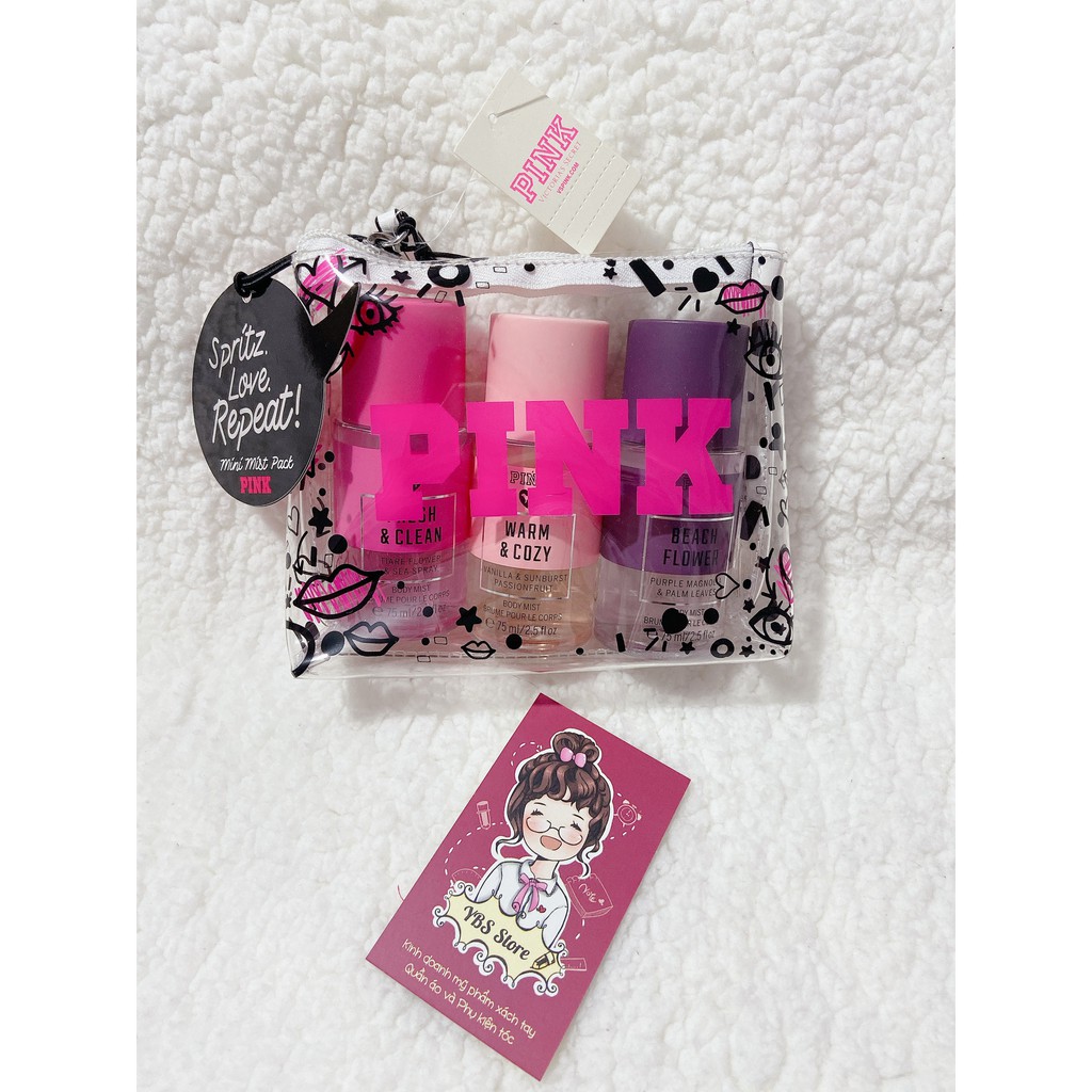 Chuẩn Auth Pink Fresh & Clean, Warm & Cozy, Soft & Dreamy, Beach Flower Set 4 chai xịt Toàn Thân Victoria's Secret 75ml