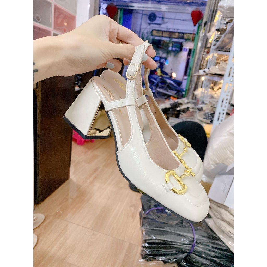 Sandal 𝙂𝙪𝙘𝙘𝙞 cao gót 7cm Xích gót vuông - mũi vuông