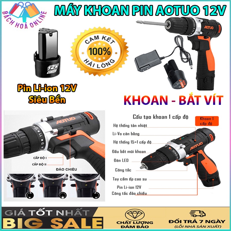 [Bảo Hành 1 Đổi 1] Máy khoan pin, Máy bắt vít mini cầm tay Aotuo 12V có đảo chiều