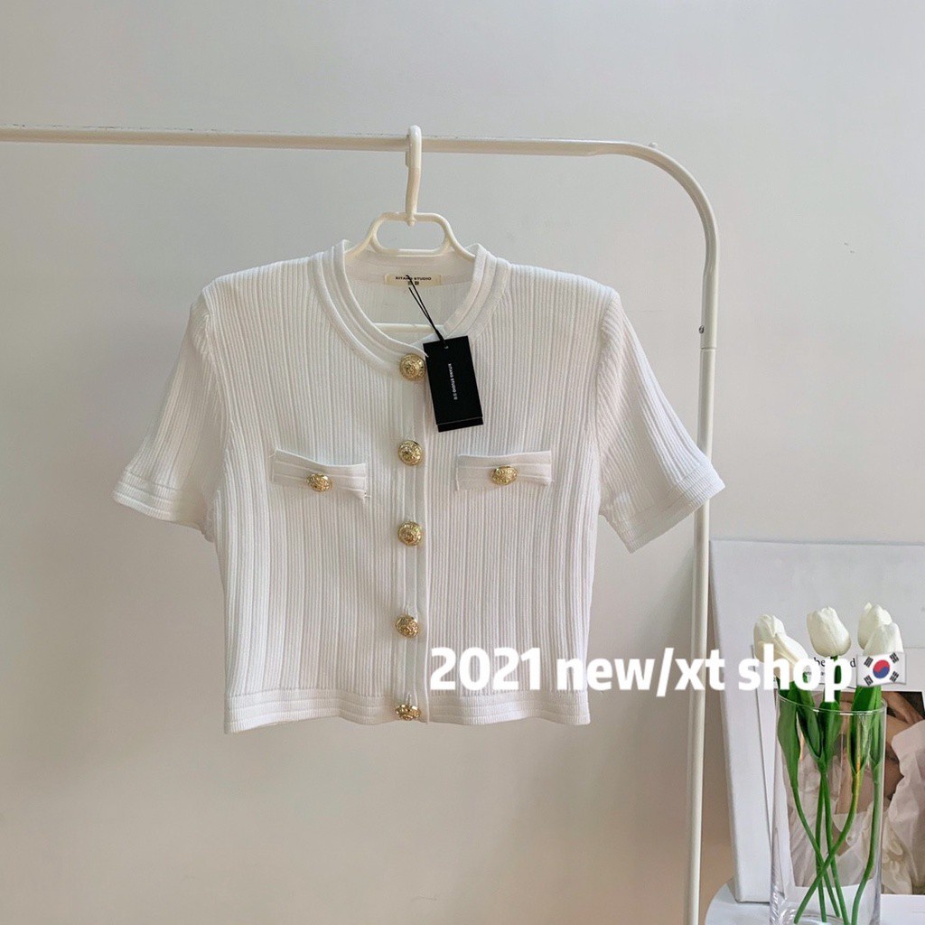  Áo lửng kiểu cardigan ngắn tay phối nút kim loại ôm dáng thời trang dành cho nữ | BigBuy360 - bigbuy360.vn