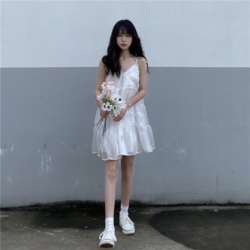 [Có ảnh thật]Đầm babydoll 2 dây đáng yêu Lila Dress+áo đen/áo kem dài tay phong cách ulzzang Hàn Quốc SAM SAM BOUTIQUE | BigBuy360 - bigbuy360.vn