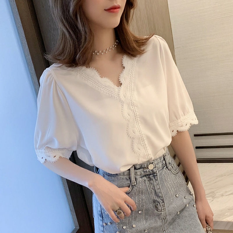 B&amp;G Áo Sơ Mi chiffon Tay Lửng Phối Ren Dáng Rộng Thời Trang Mùa Hè Hàn Quốc Cho Nữ Áo phông Nữ JL-TX-139