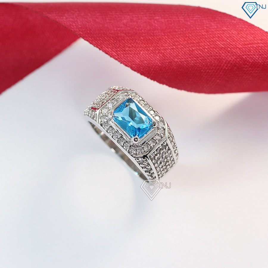 Nhẫn bạc nam đẹp giá rẻ mặt đá xanh dương xi bạch kim NNA0096 - Nhẫn bạc nam