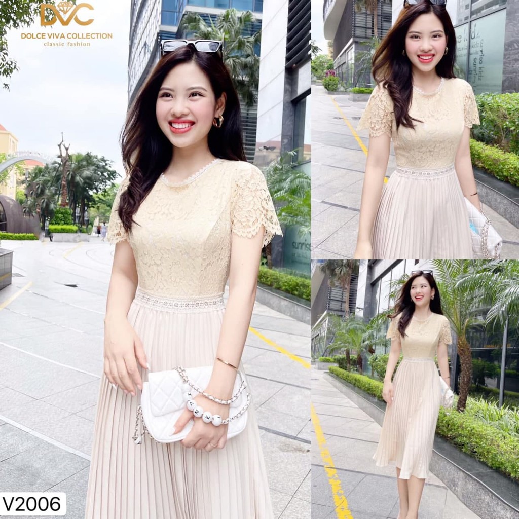 Đầm thiết kế chất ren mix trượt nhật dáng xòe xếp li dịu dàng V2006 ADELASHOP [kèm ảnh thật]