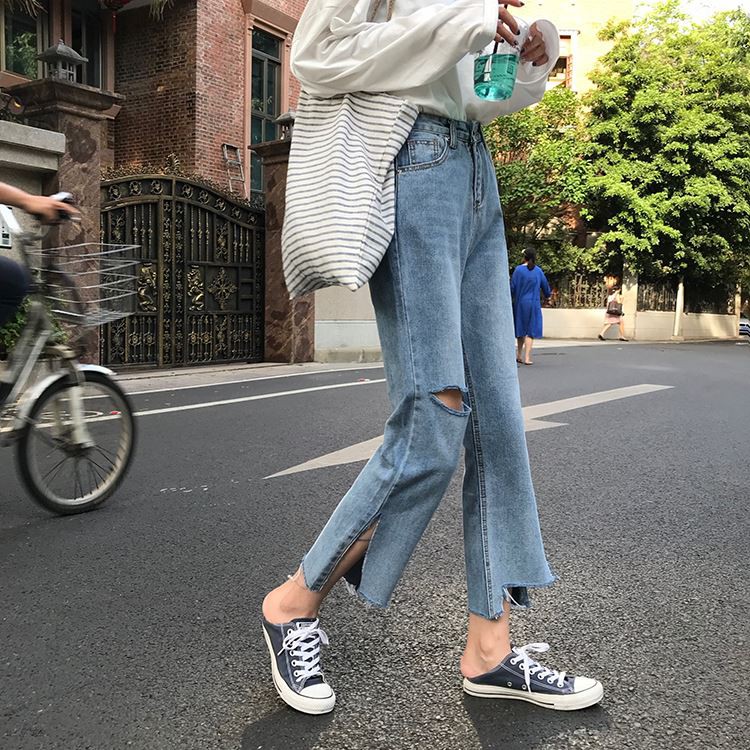 [SẴN]Quần jeans ống rộng rách lưng cao Ulzzang Quảng Châu QDJ71