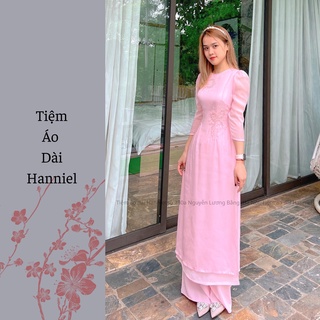 Áo dài cách tân trắng hồng, 4 tà, voan mềm, cổ tròn, tay lỡ, đính nơ kết hạt, hàng may sẵn