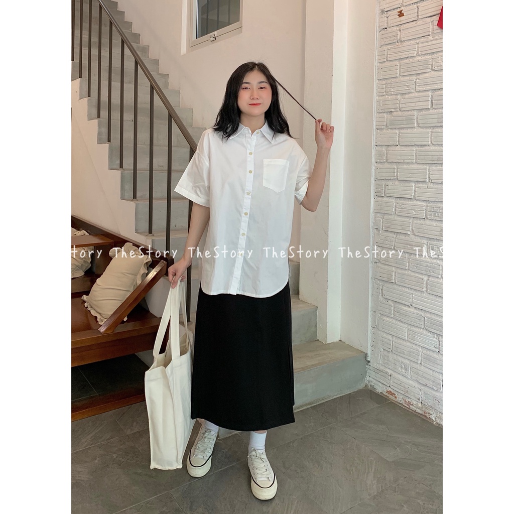Áo sơ mi nữ tay ngắn oversize, sau lưng gài nút  A2152