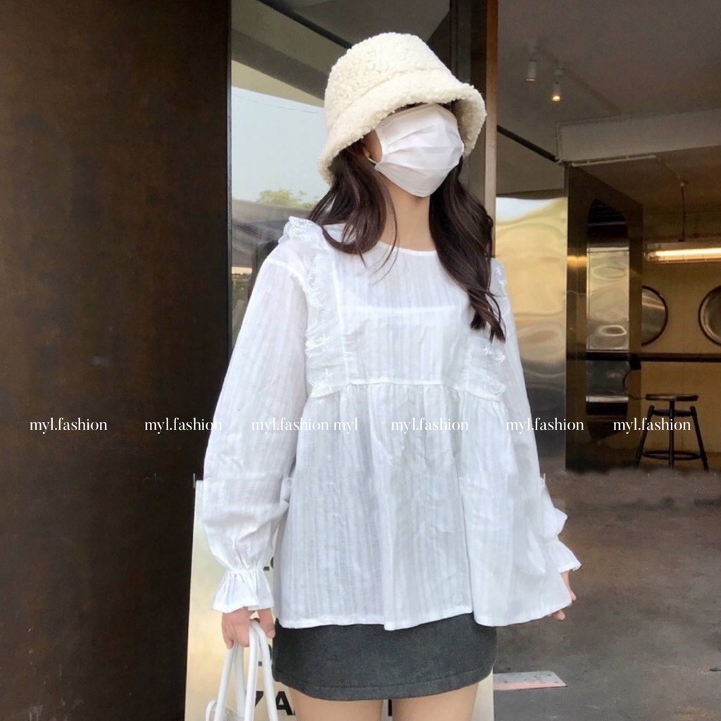 Áo sơ mi nữ trắng tay dài phối ren, áo babydoll trắng tay dài phối ren - myl.fashion