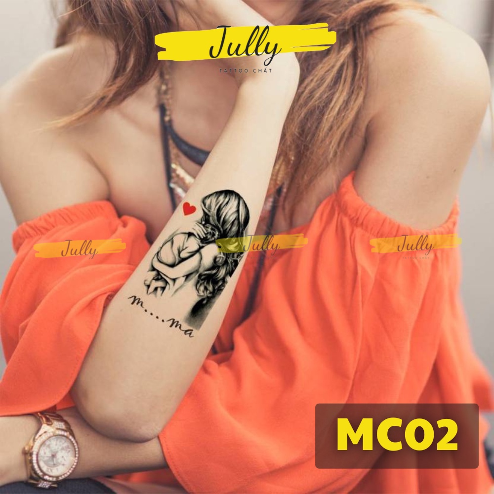 Hình xăm dán, xăm tạm thời mẹ ôm con, bồng con, mẹ đơn thân, singermom JULYY Tattoo chất