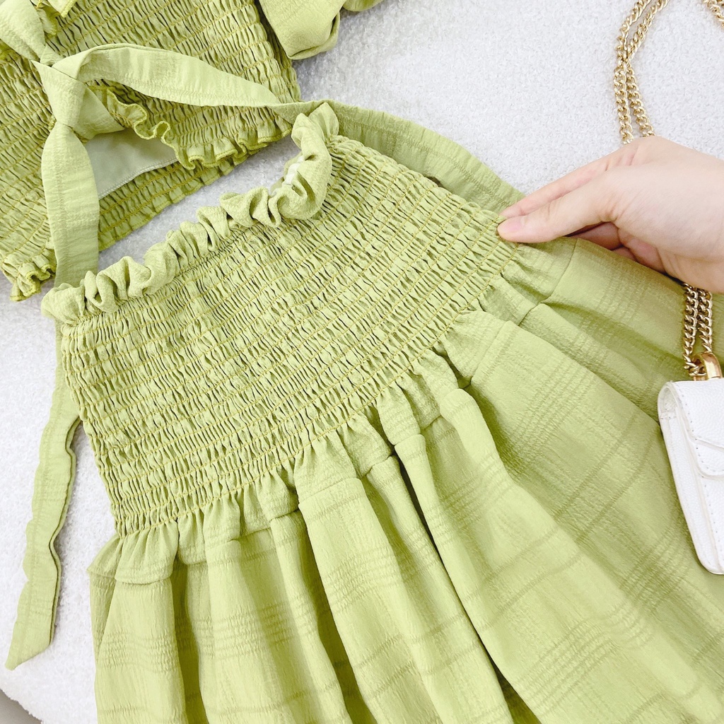 SET CROP XANH BOCHUN RÚT DÂY NGỰC + CHÂN VÁY MIDI