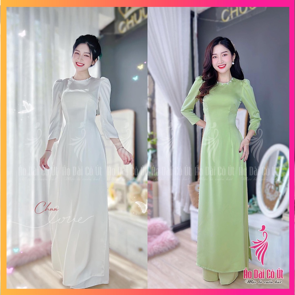 Áo Dài Trắng Tay Phồng Cổ Tròn Áo Dài Lụa Tây Thi Hàng May Sẵn