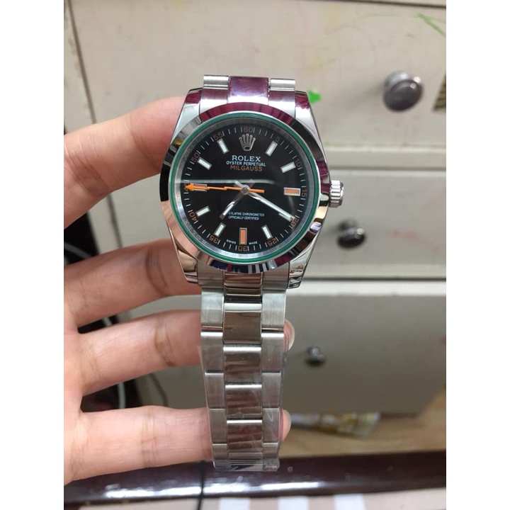 Đồng hồ Nam Rolex cơ automatic dây kim loại máy Nhật 38mm mặt đen vỏ trắng