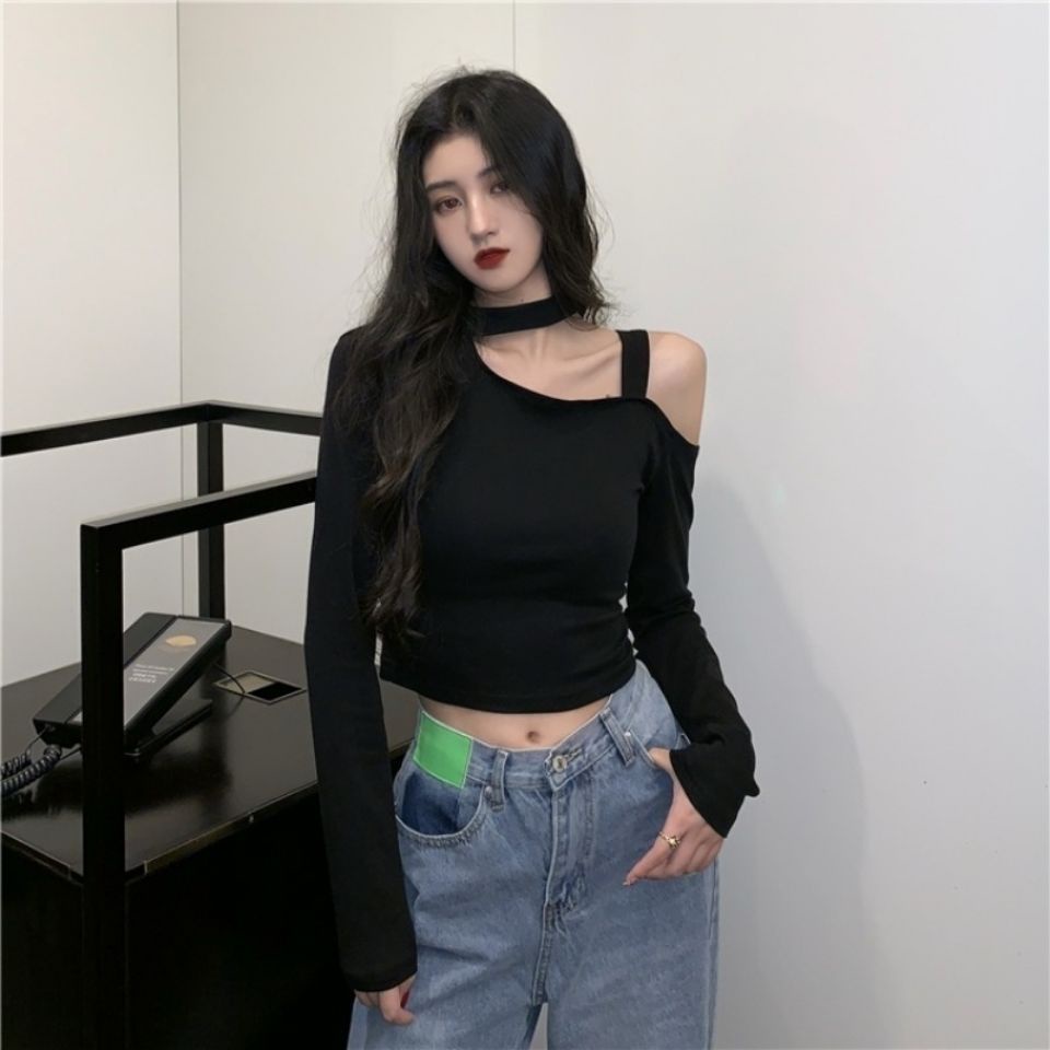 Áo Croptop Tay Dài Trễ Vai Màu Đen Phong Cách Hàn Quốc Cho Nữ