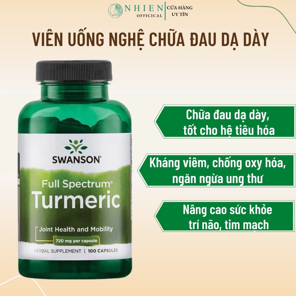 Viên uống tinh chất nghệ Turmeric 720mg Swanson giảm đau dạ dày, tăng cường sức khỏe, ngăn ngừa ung thư 100 viên