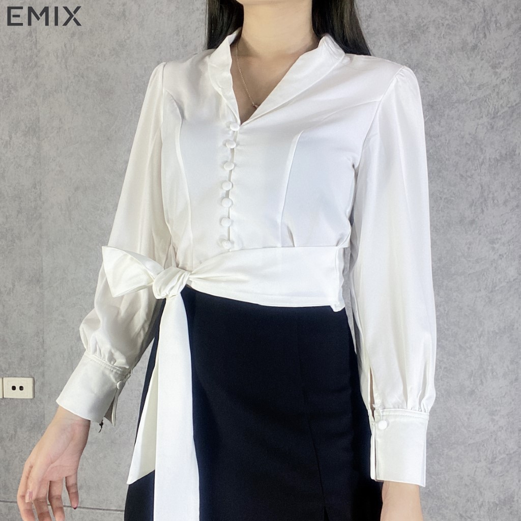 Áo croptop cúc bọc buộc nơ EMIX (màu trắng), dáng ngắn, cổ vest, dài tay, chất lụa mềm mại, không nhăn