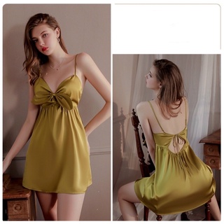 Váy ngủ lụa 2 dây phối nơ ngực hở lưng QC cao cấp Váy mặc nhà sexy quyến rũ