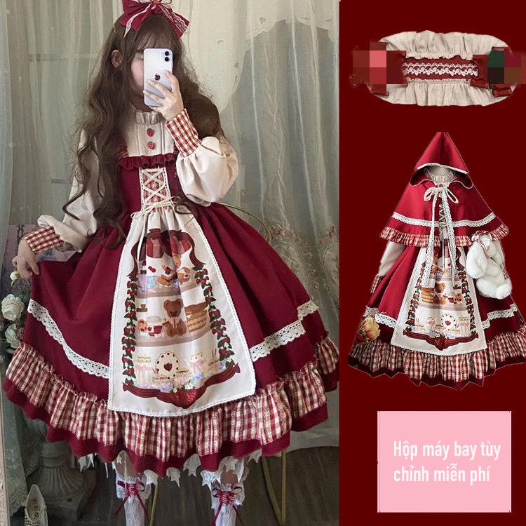 Hàng Có Sẵn Đầm Lolita Hóa Trang Cô Bé Quàng Khăn Đỏ Dài Tay Phong Cách Retro Nhật Bản Dễ Thương