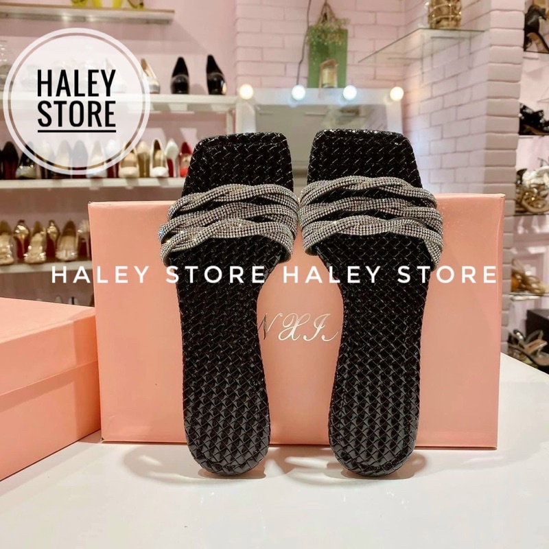 Dép lê bệt nữ HALEY STORE quai ngang mũi vuông đính đá xoàn lấp lánh pha lê sang chảnh đi chơi đi du lịch