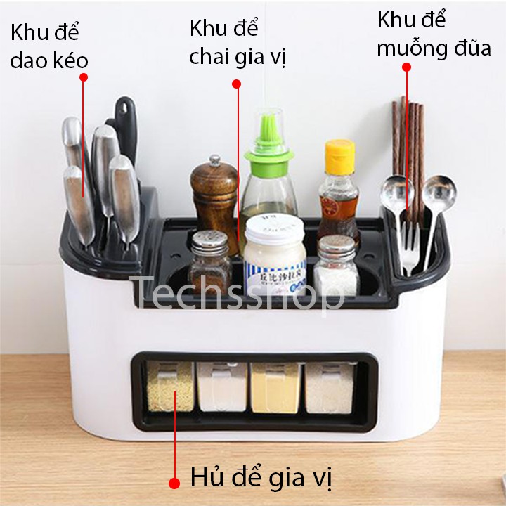 Kệ Gia Vị Để Bàn Có Khe Để Dao Và Muỗng Đũa Kèm 4 Hủ Tiện Dụng