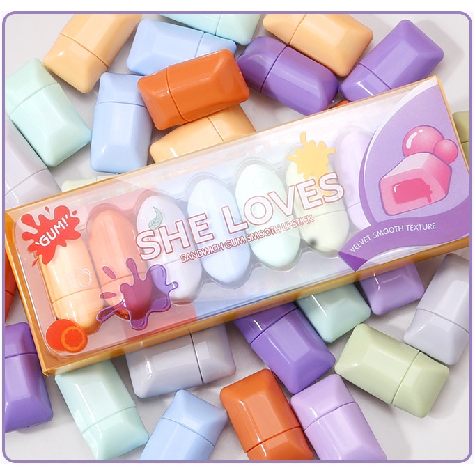 Set 8 son môi mini Sheloves dưỡng ẩm chống nước không phai màu hình viên mini